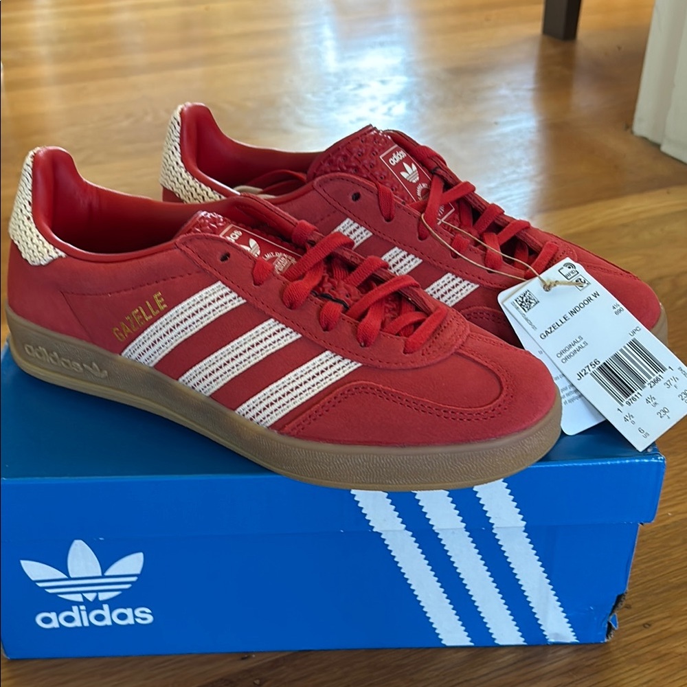 Brand new red Adidas Gazelles with crochet detailing